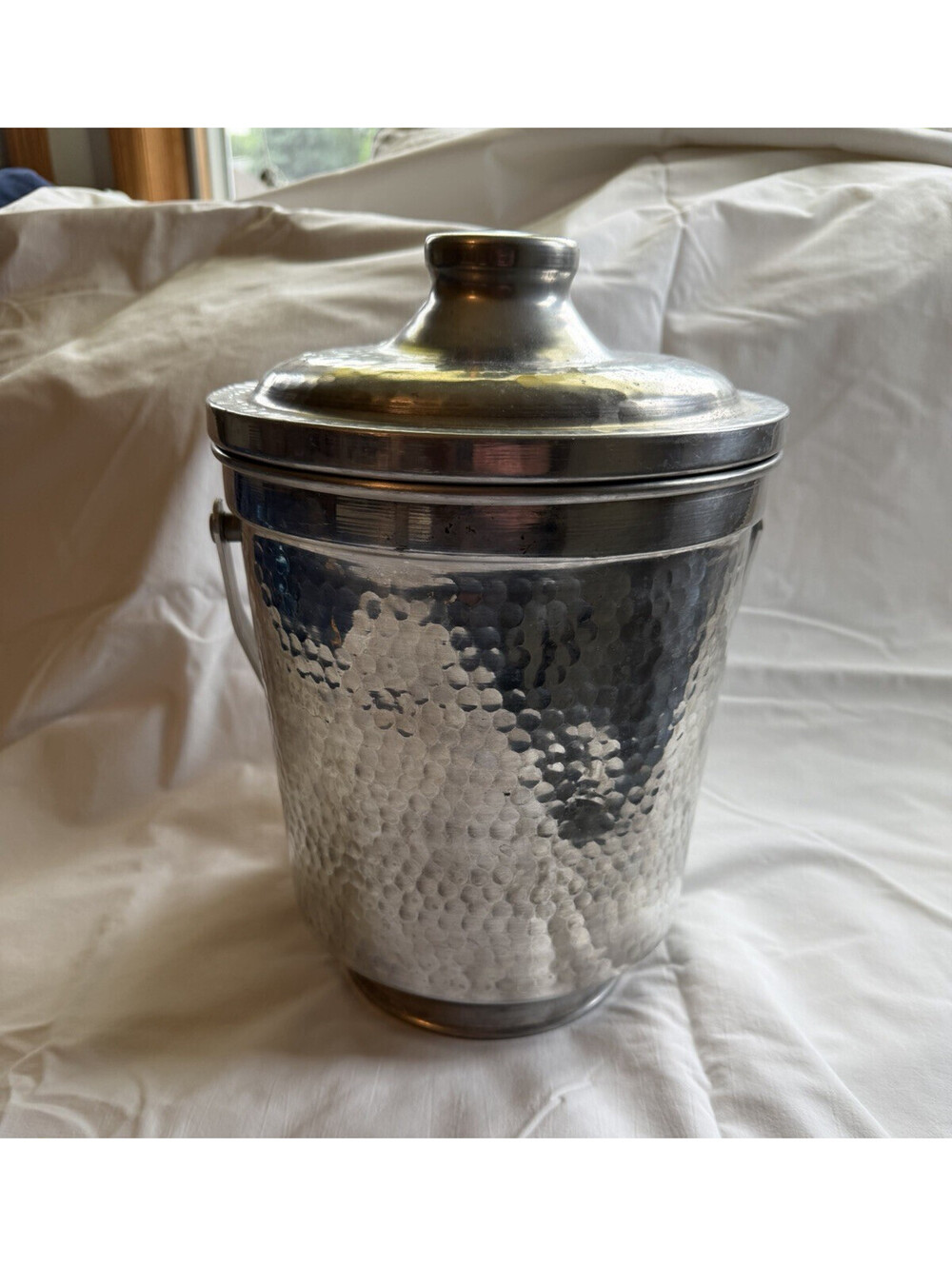 Hammered Silver Metal Ice Bucket w/ Lid & Handle Made in Italy 12" H x 8"